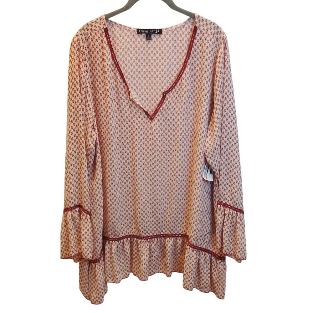 Living Doll Boho Peasant Blouse Womens XL Ivory Burgundy Bell Sleeve Rayon Top